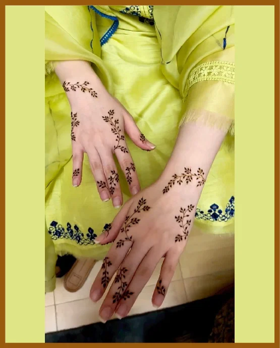 Khafif Back Hand Chain Design With Crescent Leaves Khafif (Minimal) Back Hand Mehndi Design